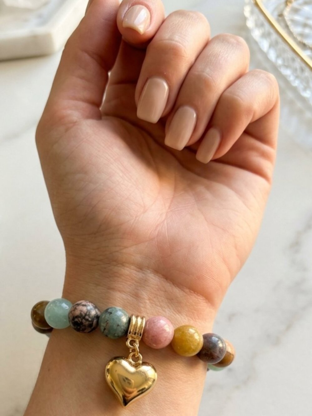 Natural Multi-Gemstone Beaded Stretch Bracelet w/ Gold Puff Heart Charm
